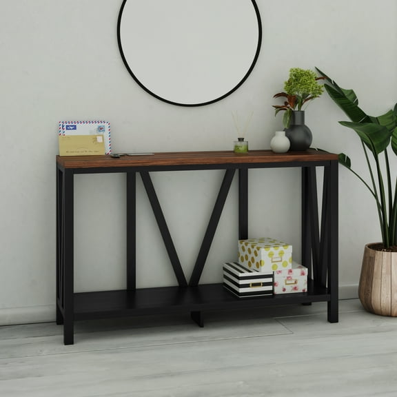 Emma Oliver Modern Farmhouse Entryway Console Accent Table in Black with Walnut Finished Wood Top