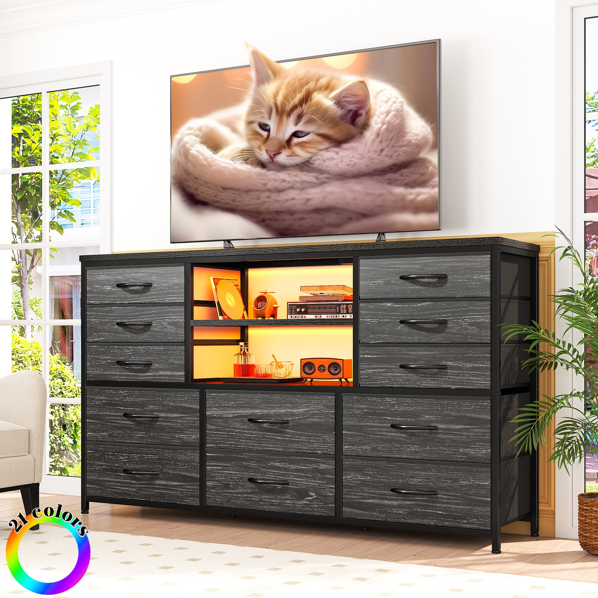 EnHomee TV Stand Dresser for 55 Inch TV with LED Lights, 12 Fabric