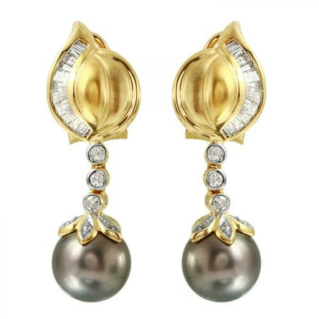 Foreli 0.97CTW Diamond And 10MM Tahitian Pearl 18k Yellow Gold Earrings