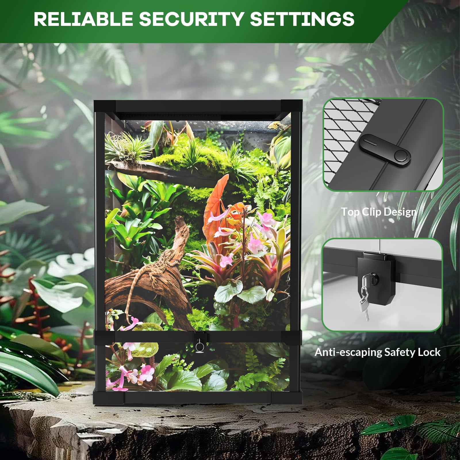 Huisuilinss Reptile Glass Terrarium,Tall Toughened Glass Reptile Tank,Large Reptile Terrarium With Top Screen Ventilation,Double Hinge Door & Anti Escape For Lizard Snake