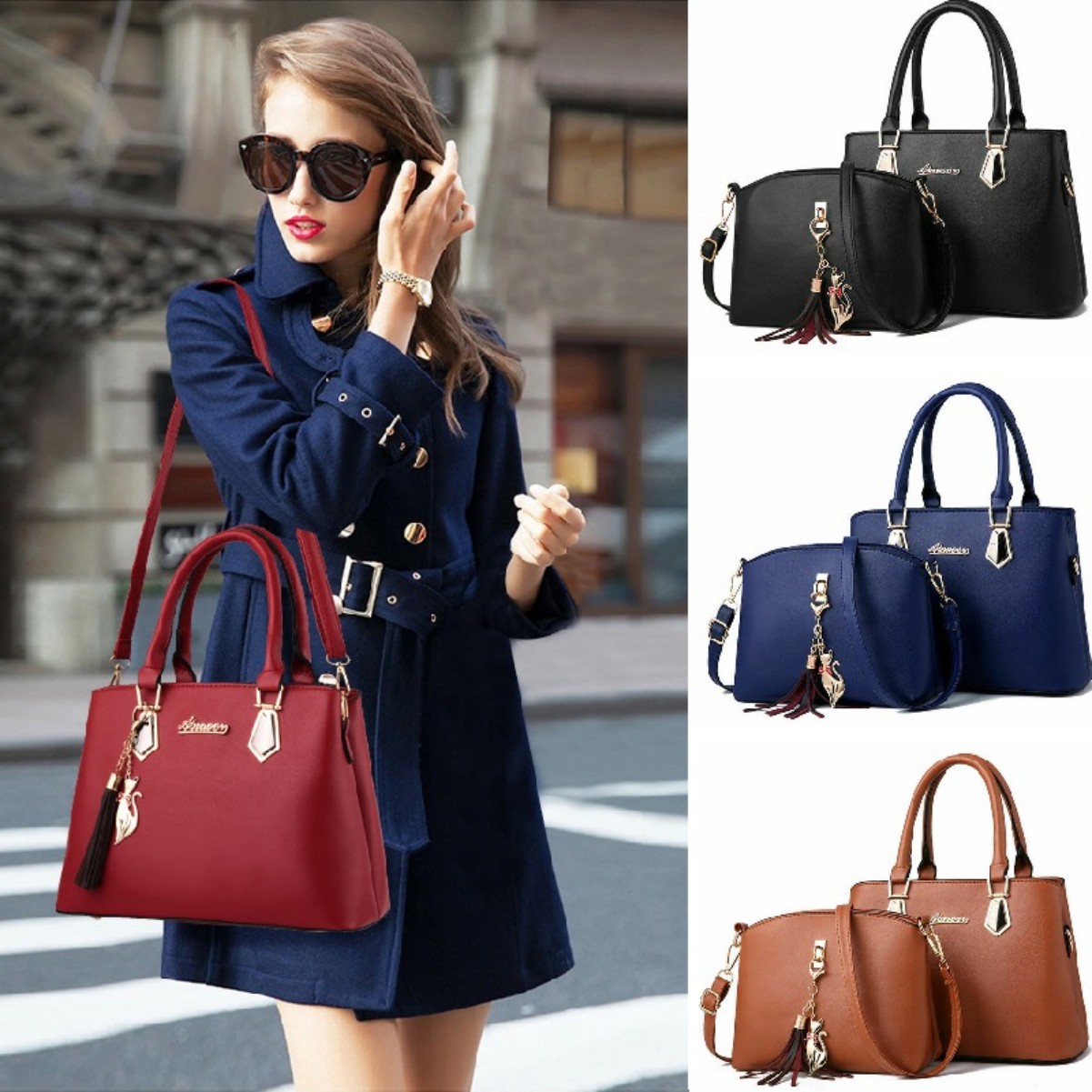 ‌2-Piece Women's Handbags - Faux Leather Messenger & Tote Set Blue