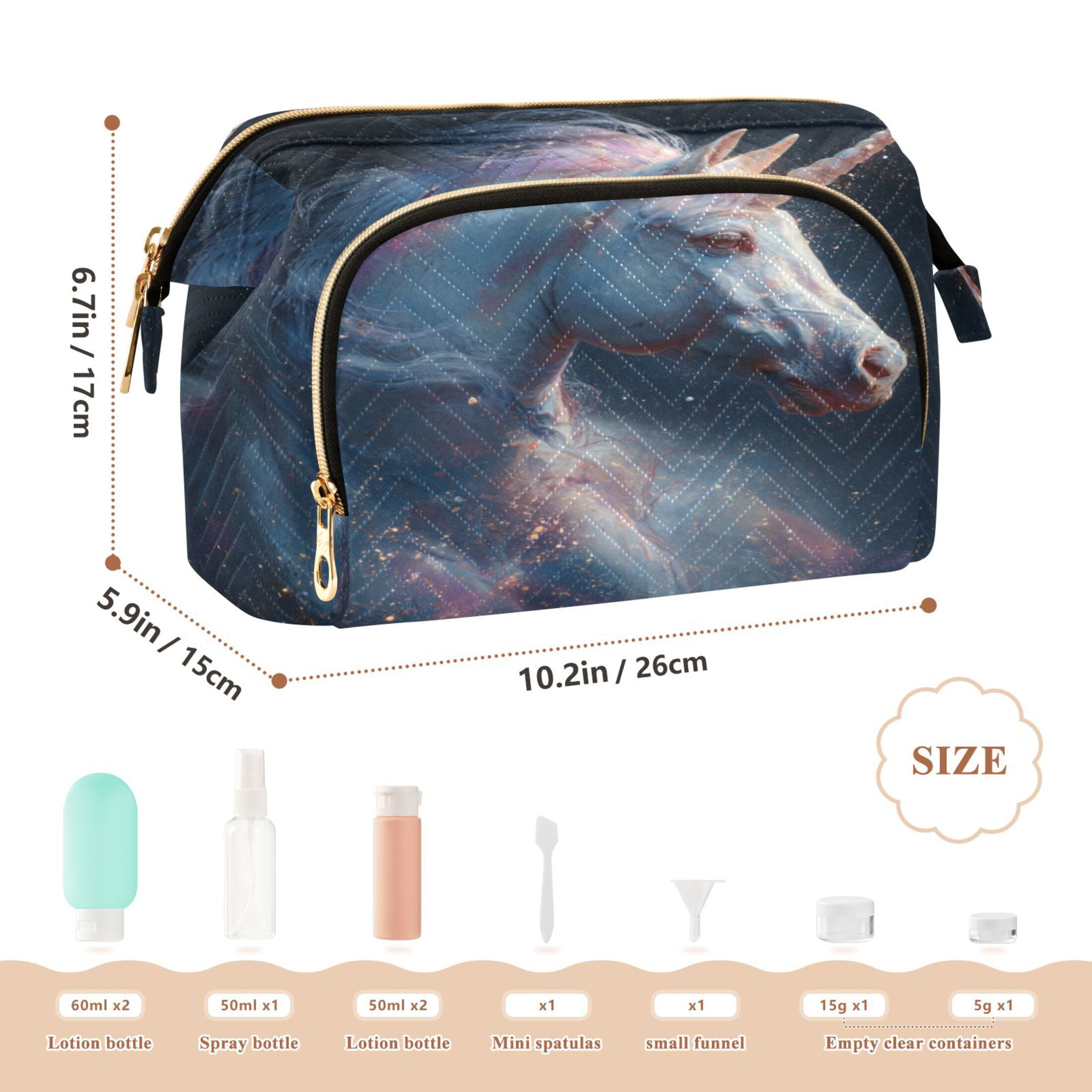 Wavy Quilted Cosmetic Bag Large-Capacity Travel Toiletry Organizer Includes 9-Piece Portable Travel Bottle Set A Unicorn in Space