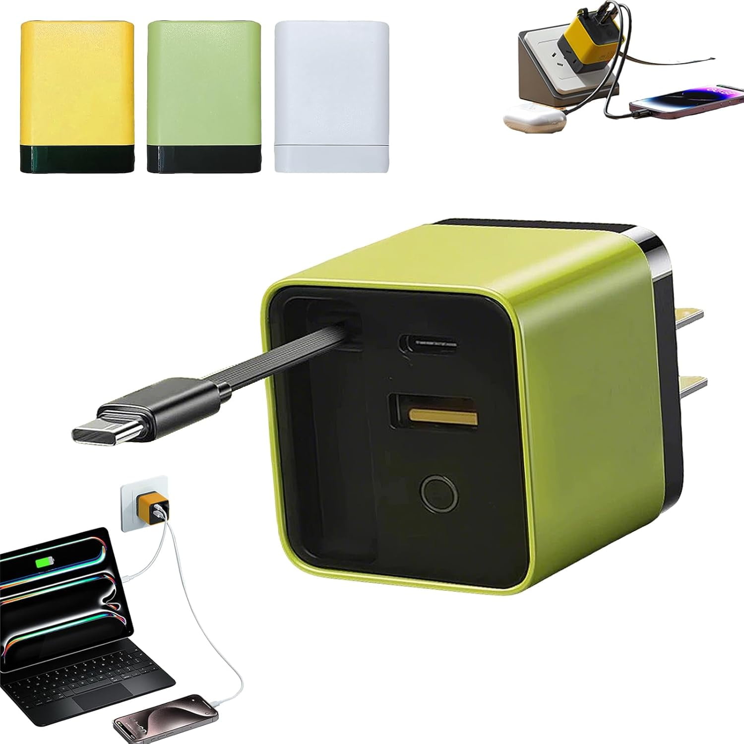 RGHJAR-3 in 1 Charger Scalable 80w Max Fast Charger Module with Type-C Cable and 2 USB Ports, All in One Charger Retractable Phone Wall Plug (Green)