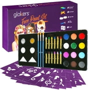 Glokers Face Paint Set - Face painting Kit Contains Cake Paints, Crayons, Paint Brushes, Glitter, Sponges and Stencils - Sensitive Skin Face and Body Paint - Suitable for Adults and Children, FDA app