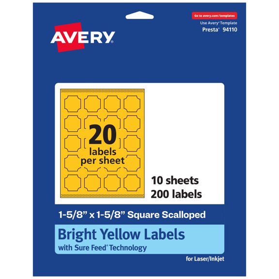 Avery Square Scalloped Labels, Bright Yellow, 1-5/8" x 1-5/8", 200ct