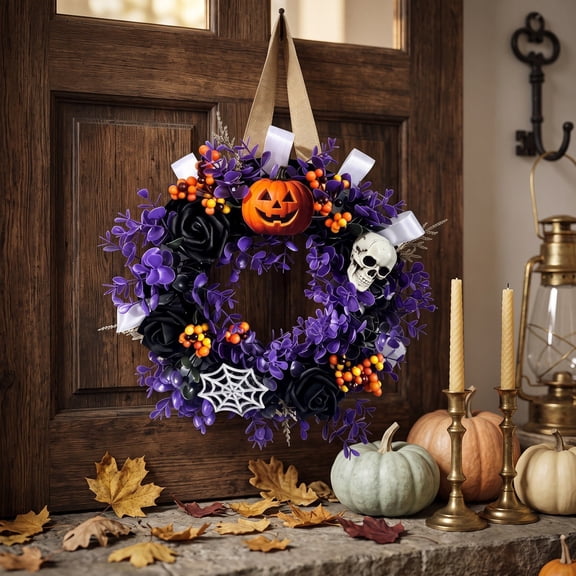 Artificial Halloween Wreath with Pumpkin, Skull, Black Rose, Spider Web and Purple Foliage | Spooky Fall Wreath with Burlap Hanging Loop for Home Porch Wall Party Decor
