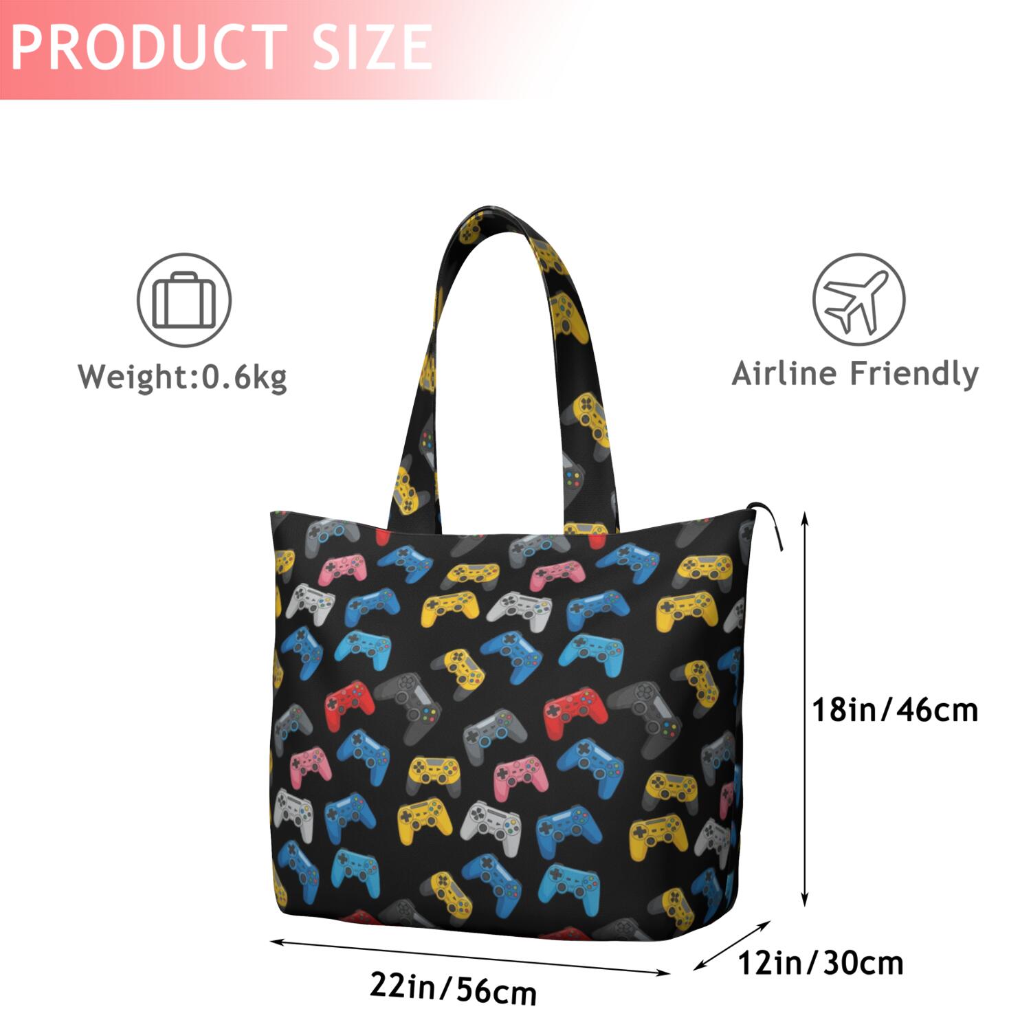 Multicolor Controllers Games Icons Black Pattern Travel Tote Bags for Women Carry On,Large Weekender Bags for Women Travel,Multi Functional Duffle Bag for Work,Shopping,Sports