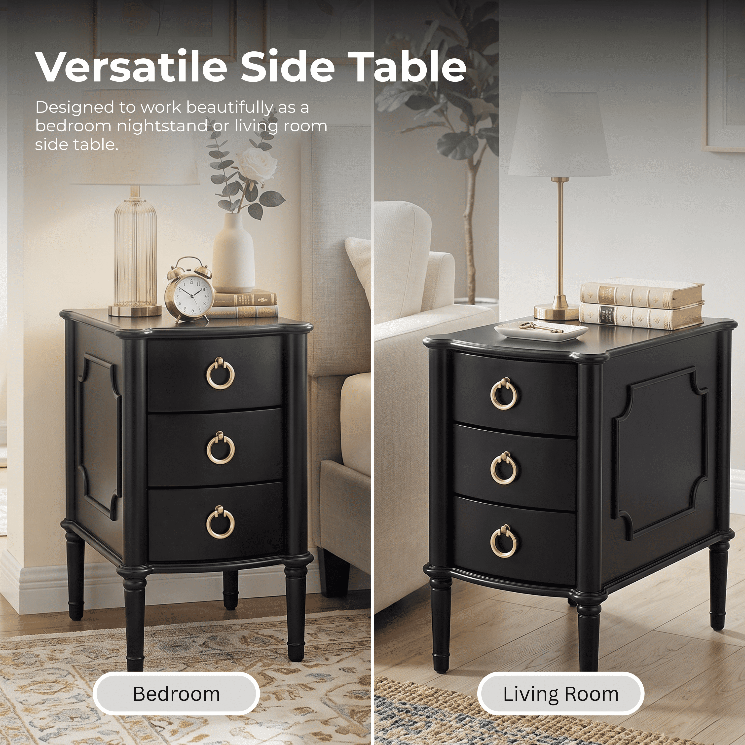Furniture of America Ivera Modern Wood 3-Drawer Nightstand with Tapered Legs, Black