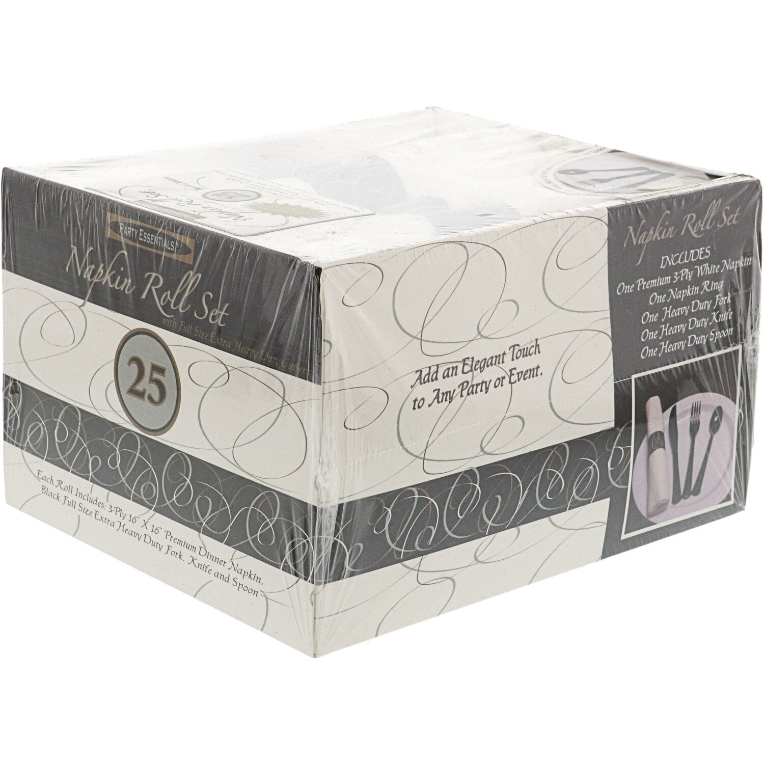 Party Essentials White Napkin  With Black Cutlery Knife Accessory rolled up with black ring
