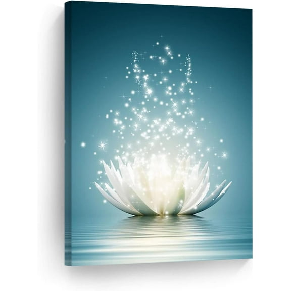 Spiritual Meditation Yoga Magic White Lotus Flower Wall Art Canvas Art Print Blooming Lotus Picture Framed Water Lily Wall Art Painting Home Decor for Bedroom 12"x16"