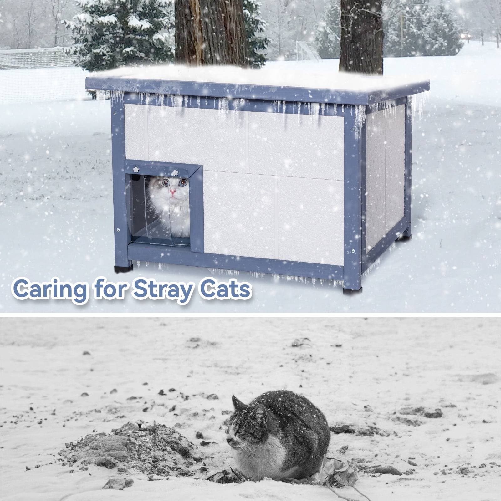 PETSFIT Outdoor Insulated Cat House with Escape Door & PVC Door Curtains