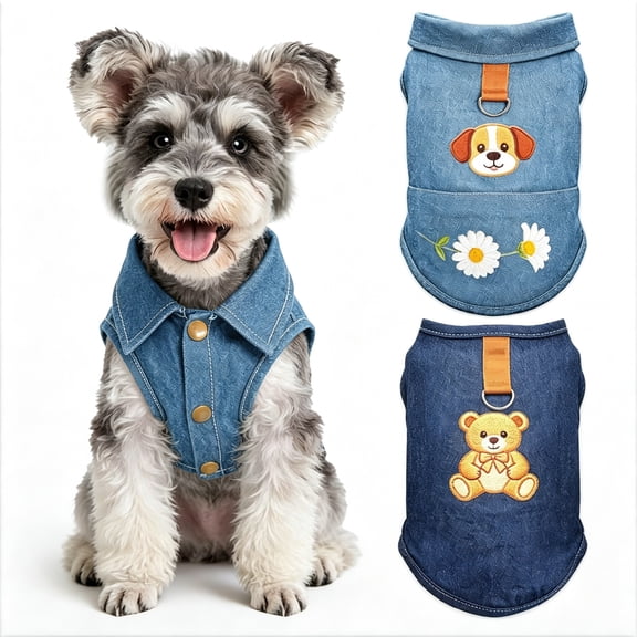 TELOLY 2 Pack Dog T-Shirts for Small Dogs,Soft Breathable Cotton Denim Dog Vest with D-Ring&Cute Bear Daisy Print,Puppy Clothes Outfits for Chihuahua Yorkie Shih Tzu Dog Clothes for Small Dogs