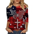 thumbnail image 2 of Uootdi 4th of July Tops for Women Rose Butterfly Cross Print 3/4 Sleeve Casual Loose Fit Lightweight Tees Gift, 2 of 7