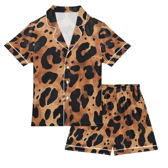 FORMRS Kids Short Sleeve Top and Pants Pajama Set Unisex Satin 2-Piece Sleepwear, Sizes 5-6Y, Leopard Pattern
