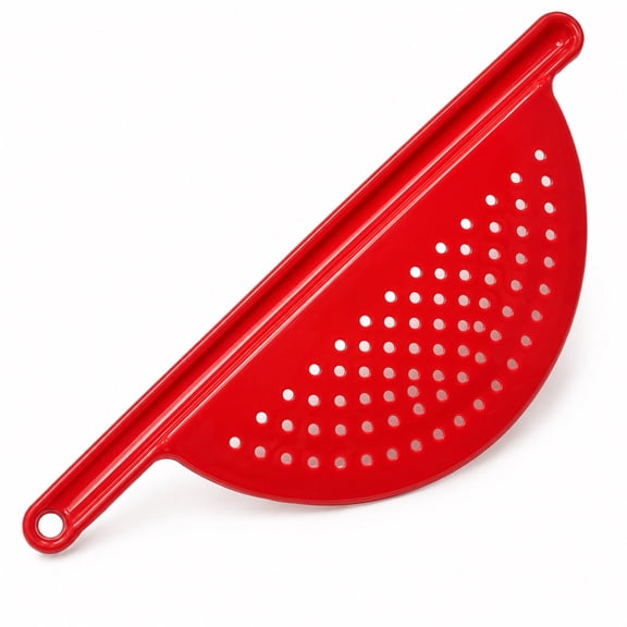 Handy Housewares Handheld Plastic Pot Drainer, Noodle & Pasta Strainer with Handle - Fits up to 9" Pots - Red