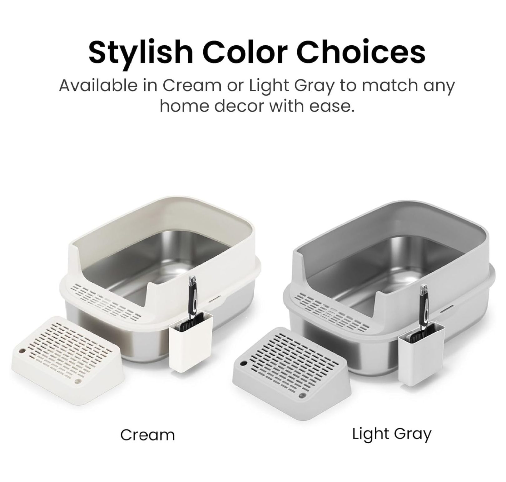 Enclosed XL Stainless Steel Litter Box with high Wall Sides, Leak-Resistant, Easy Cleaning, with Lid, Step, and Metal Scooper (Light Gray)