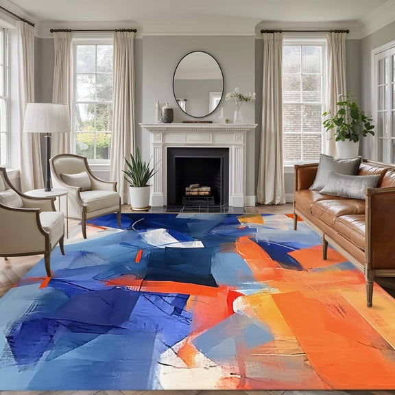 5'x7' Area Rugs, Orange Blue Oil Painting Indoor Outdoor Area Rug for Living Room Bedroom, Modern Abstract Geometric Washable Bathroom Rugs Kitchen Floor Carpet Mats Home Decor Aesthetic