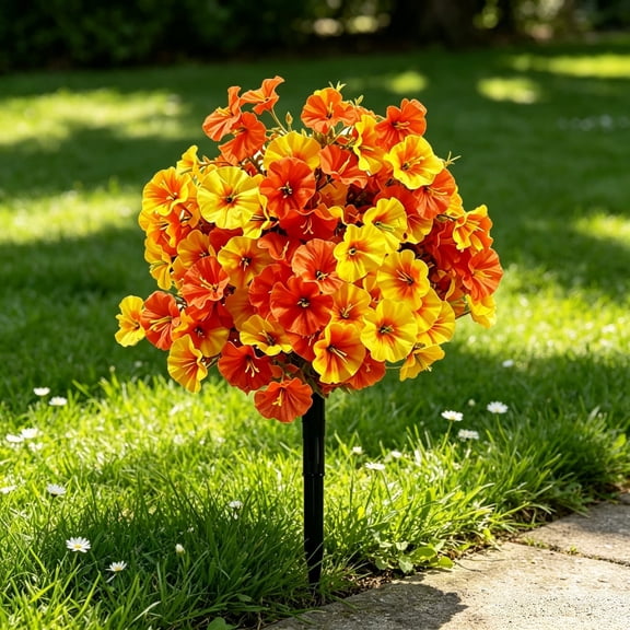 Autumn Artificial Flower Topiary Ball Ground Stake,Faux Fall Floral Sphere,Weatherproof for Outdoor Garden,Yard,Porch Seasonal Decor,12 inches