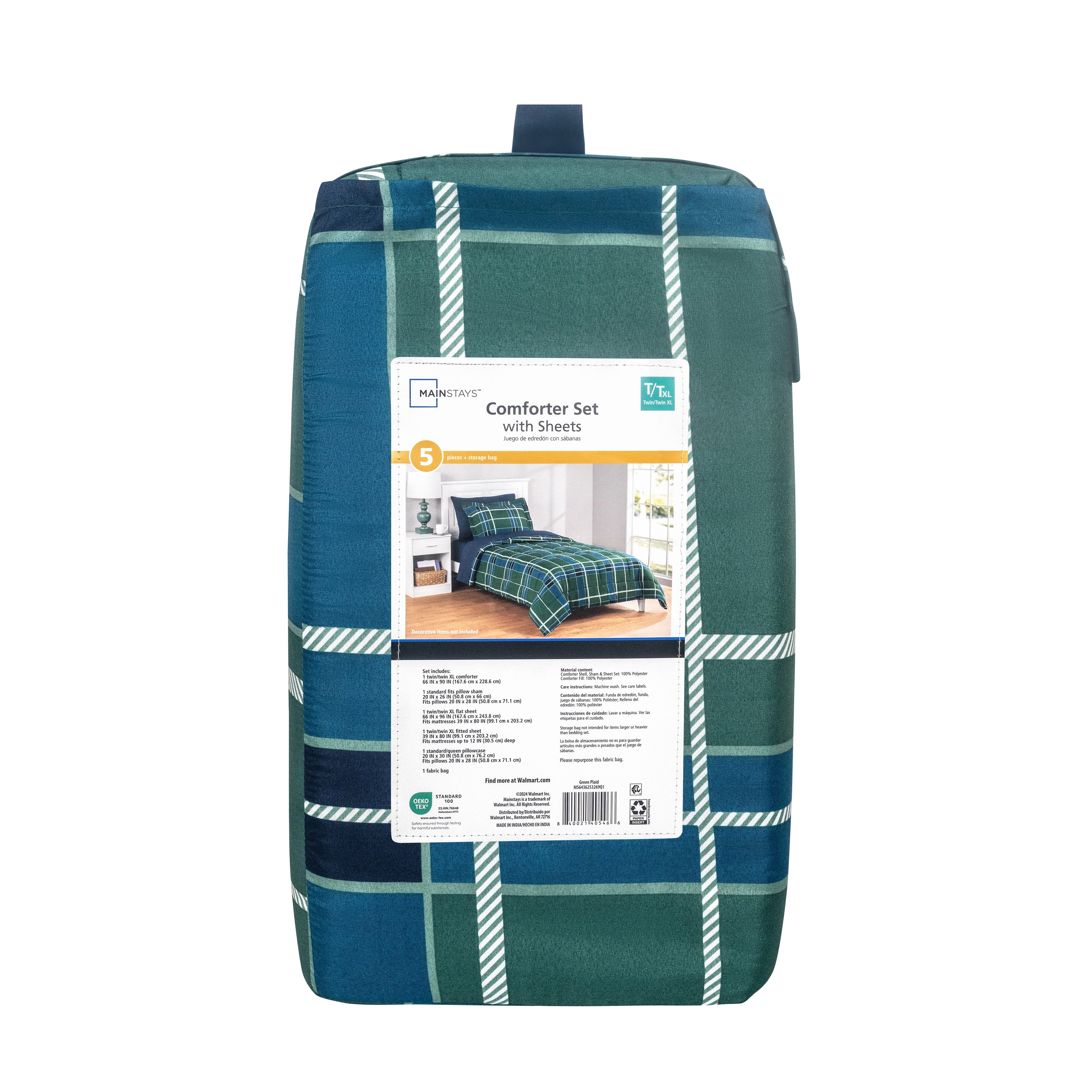 Mainstays All in One Reversible Comforter and Sheet set- 5 Piece, Twin, Green and Navy Plaid
