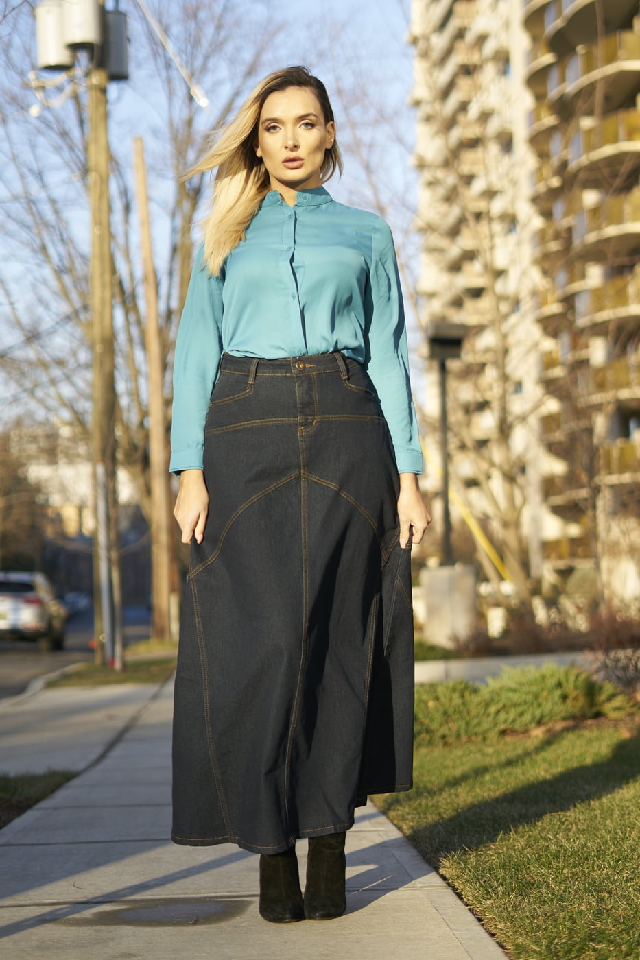 long modest denim skirts