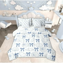 Manfei Cute Blue Bowknot Twin Bedding Sets 7-Piece, Cartoon Seashell Starfish Bedding Comforter Set, Teen Boy Girl Kid Reversible Sheet Sets, Ultra Soft Home Decor