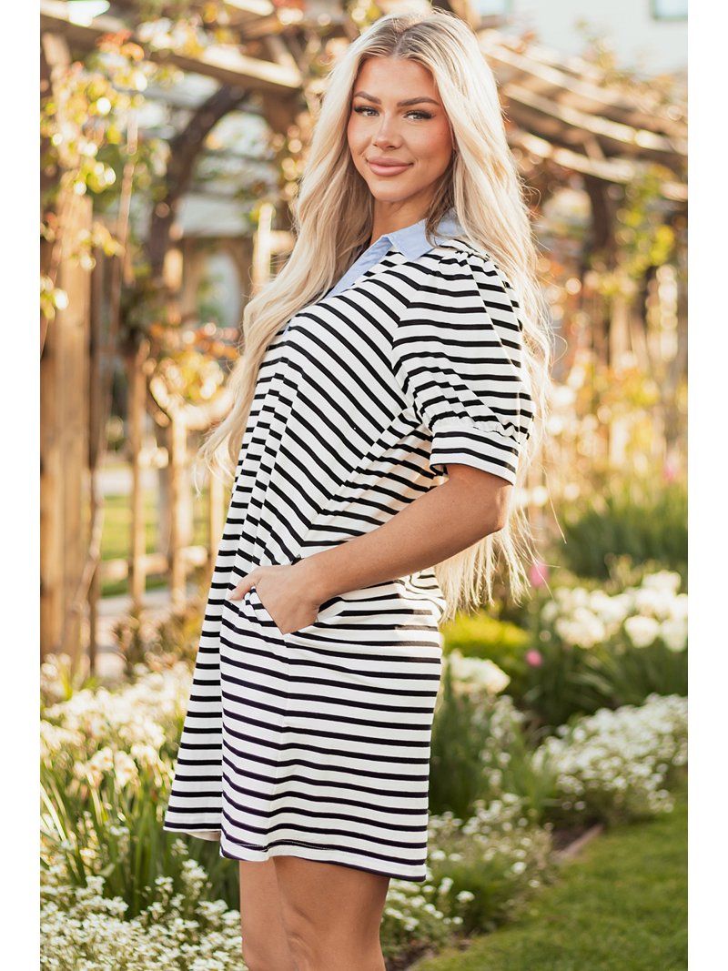 Black Stripe Contrast V Neck Collared Puff Sleeve T Shirt Mini Dress with  Pockets - Walmart.com