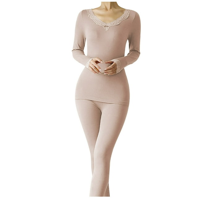 WRKEKC Womens Thermal Set Ribbed Long Sleeve Crew Neck Base Layer Warm Set Casual Top and Pants Sleepwear Loungewear Set