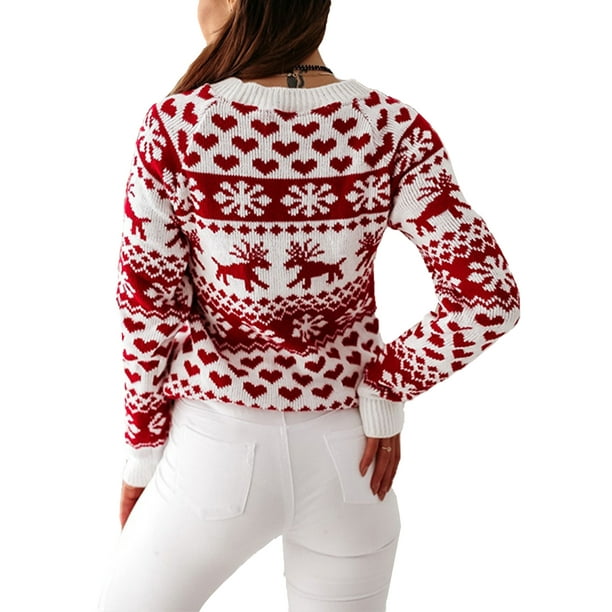 Women Crew Neck Warm Christmas Sweaters Blouse Tops Long Sleeve Elk  Snowflake Print Pullover Sweatshirt T-Shirts Ladies Autumn Winter Warm  Knitted Jumper T-Shirt Tops 