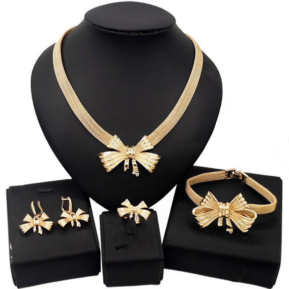 Jewelry Set For Women - Women's Hugs & Kisses 18k Gold Plated 4 Pieces Necklace Set - Bow Tie Charm Necklace - Includes a Necklace Bracelet Ring Earrings