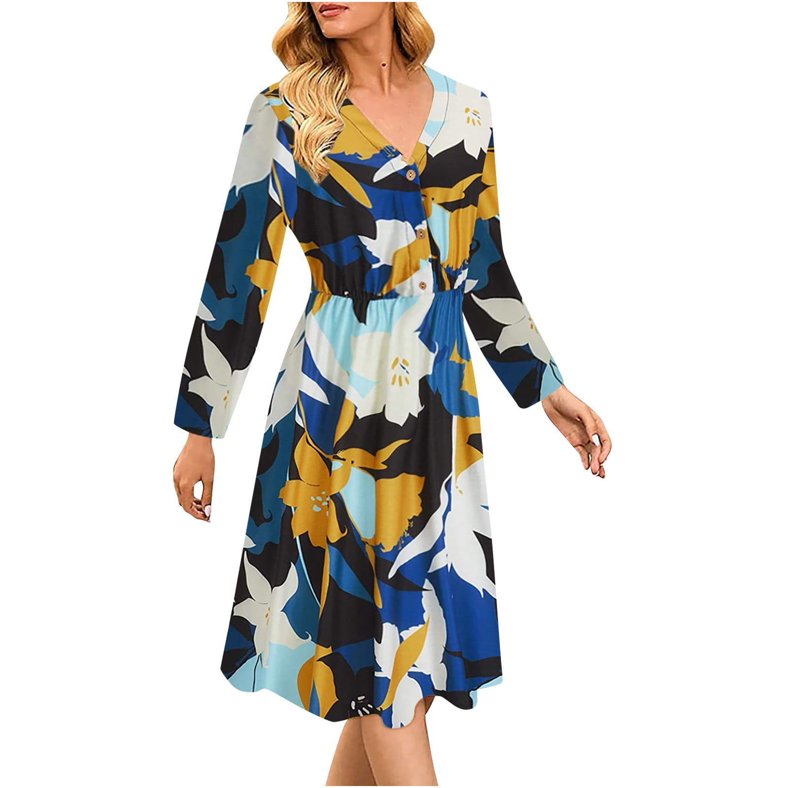 Amtdh Womens Dresses Flower Graphic Buttons High Elastic Waist Flowy Hem Soft Pullover Summer