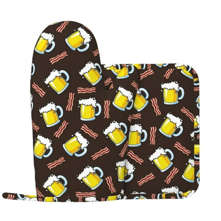 

Beer Bacon Print Oven Mitts and Pot Holders Sets with 1 Non-Slip Left Silicone Oven Mitts and 1 Heatproof Insulated Hot Pads for Kitchen Use in Cooking Baking Grilling