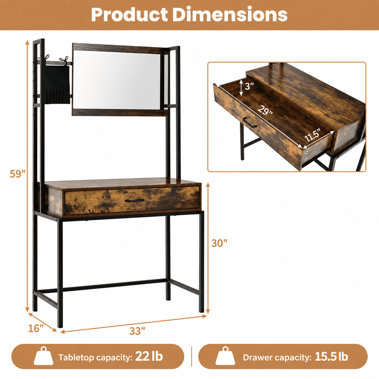 Furnibear Industrial Vanity Table with 3-Height Adjustable Mirror, Makeup Dressing Table with Sliding Drawer and Brush Bag, Rustic Brown
