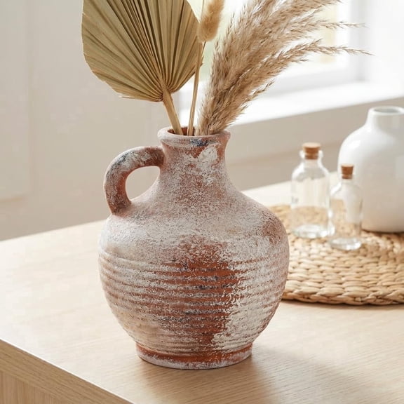 6 inch Farmhouse Ceramic Flower Vase with Handles for Table Decor,Brown