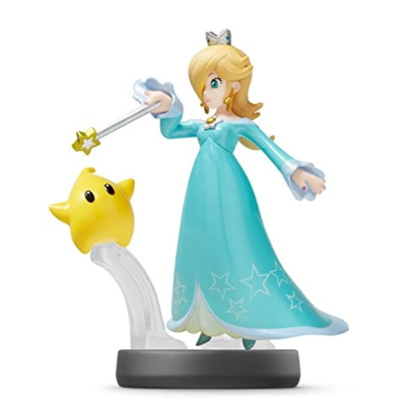 Rosalina Luma amiibo de la Série Super Smash Bros par Nintendo, Mettant en Vedette Rosalina en Robe turquoise avec Détails d'Étoiles, Tenant une Baguette avec une Pointe d'Étoile, Accompagnée de Luma, un Personnage en Forme d'Étoile Jaune, sur une base Noire et Blanche.