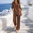 thumbnail image 4 of YABCSAZ Women's Cotton Linen 2-Piece V-Neck Top and Wide Leg Pants Set Casual Summer Outfits Lightweight Breathable Loose Fit Two Piece Set Coffee, Gifts for Women, 4 of 8