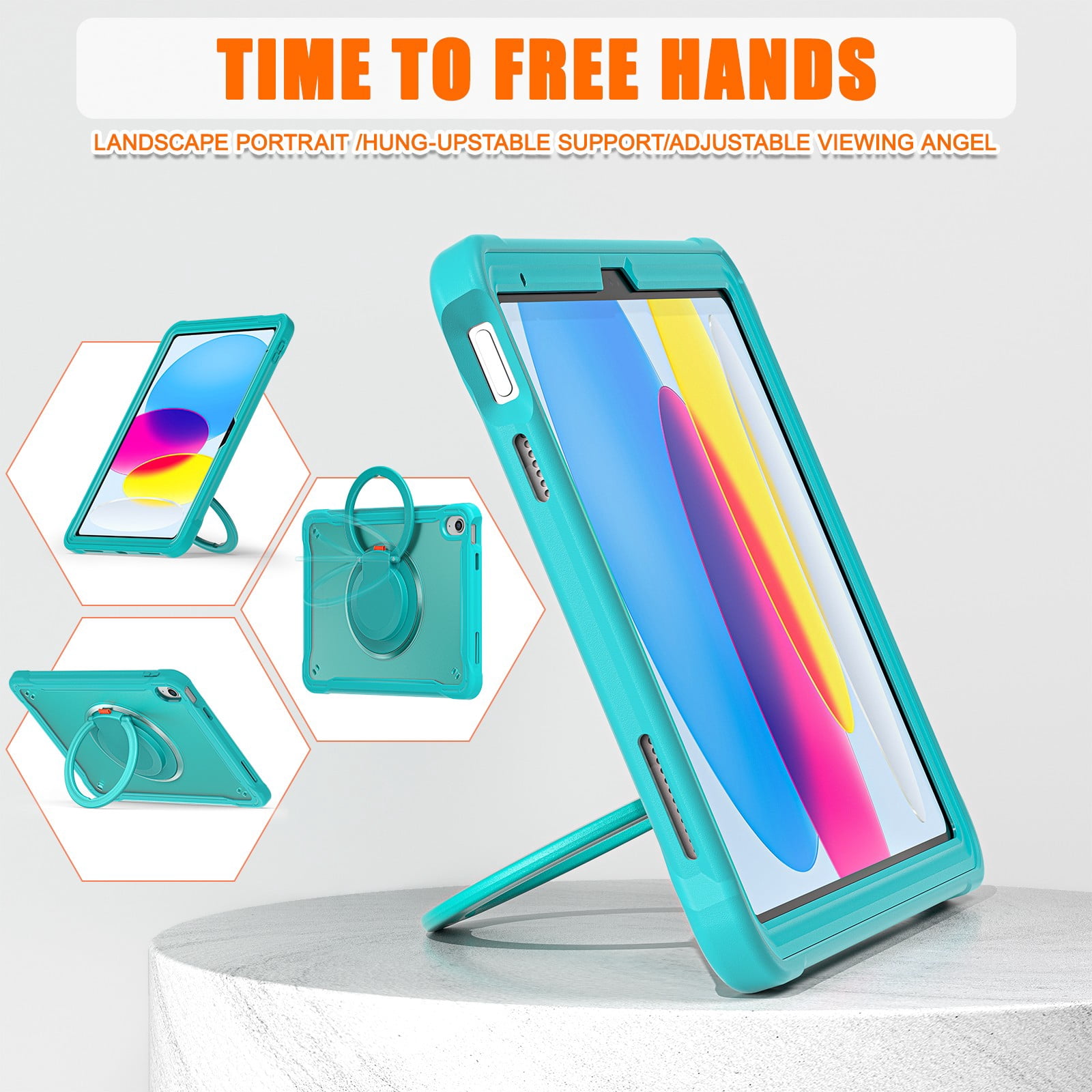 ELEHOLD Rugged Case For Apple iPad Air 13 (2024) Hybrid Shockproof Cover [360 Rotating Stand] [Hand Grip] [Pencil Holder] [Detachable Shoulder Strap] Kids Case, Blue