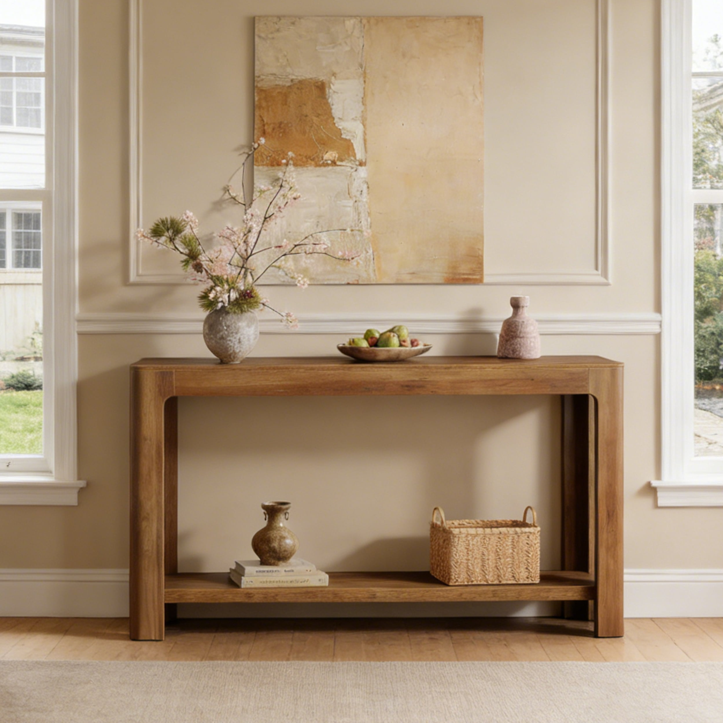 Fnova 63" Farmhouse Console Table, 2-Tier Wood Entryway Table with Storage Shelf, Narrow Sofa Table for Living Room, Hallway, Foyer