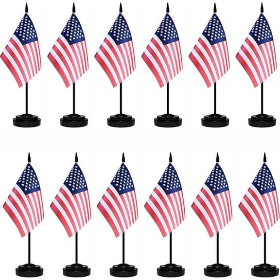 12 Pack USA Desk Flags Set, American US Small Mini Table Office Flags with 12" Solid Black Pole, 8.2 x 5.5 Inches, Home and Office Decoration, Festival Celebrations USA 12 Pack