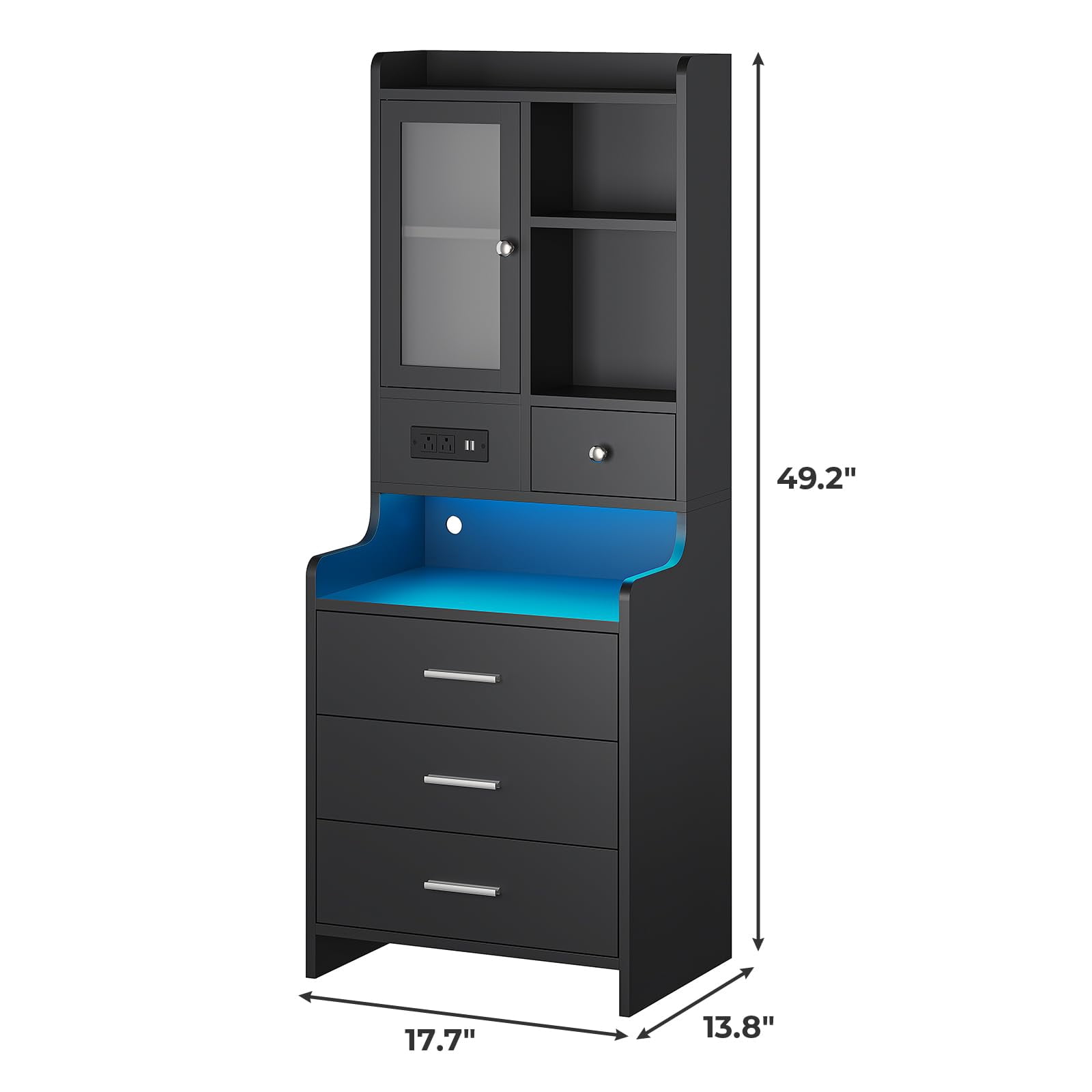 Tall Night Stand with Charging Station and LED Lights,49.2" Nightstand with Shelf and Glass Door, Bedside Table with Drawers,Black