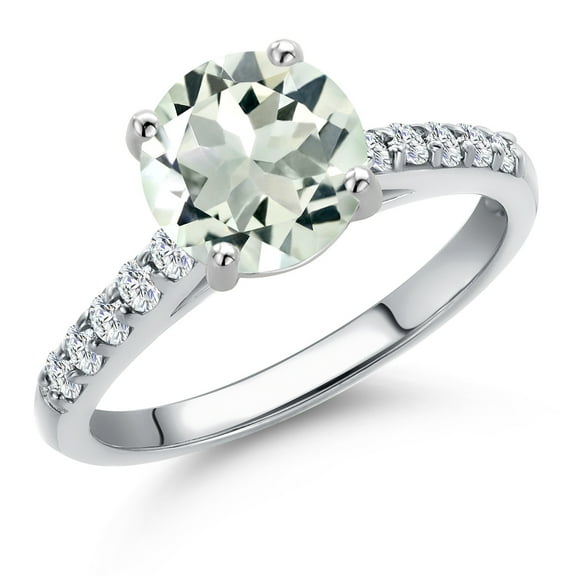 Gem Stone King 10K White Gold Green Prasiolite and Lab Grown Diamond Engagement Ring for Women | 2.05 Cttw | Round 8MM | Gemstone Birthstone | Size 8