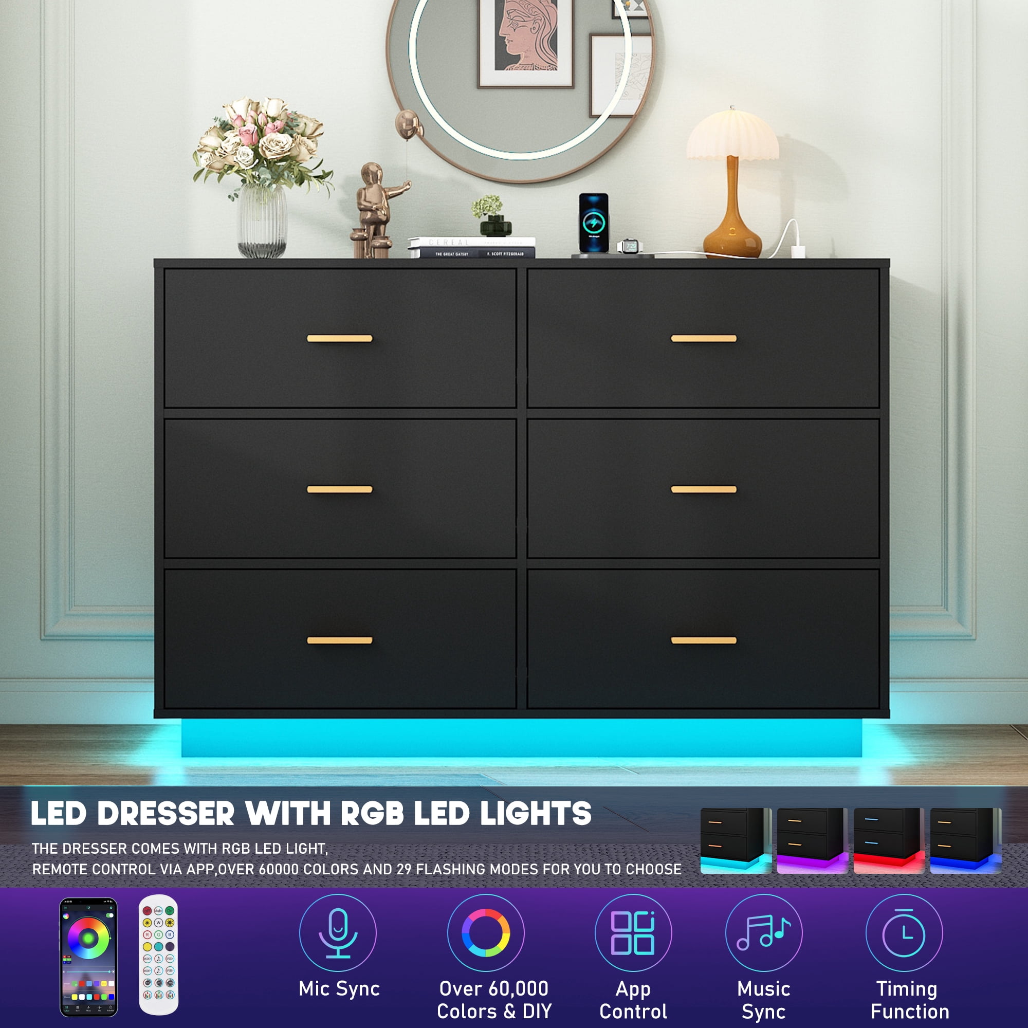 ChVans 6 Drawer Dressers with 60000-color LED Lights & Power Outlet, 47'' Modern Chest of Drawers for Closet, Wide Drawer Organizer Cabinet for Bedroom, Living Room, Entryway, Hallway