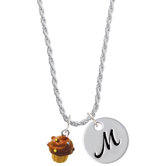 Delight Jewelry Resin Mini Vanilla Cupcake with Chocolate Frosting Silvertone Script Initial Disc - M - Charm Necklace, 20"+3"