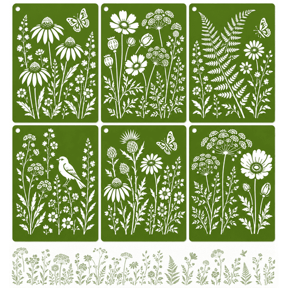 6 Pcs Large Wildflower Wall Stencil Set for Walls, Wood, Furniture, Fabric, Easy-Clean Art Stencils for DIYers, Artists