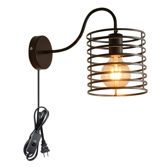 FSLIVING Industrial Wall Sconce Black Iron Cage E26 Plug-In Cord
