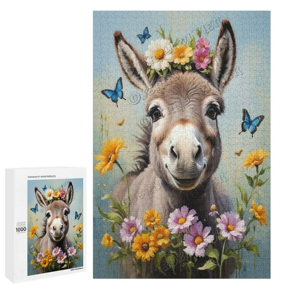 Cute Donkey Puzzle for Adults 1000 Piece, Cute Woodland Animal with Flower Jigsaw Puzzle, Animal Puzzles for Adults,Wooden