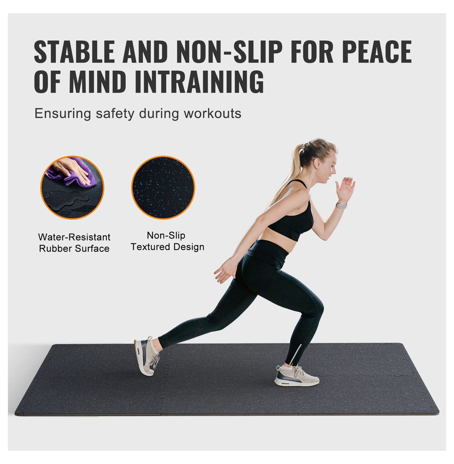 Gym Floor Mats 0.56 Inch, 6 Tiles Rubber Top EVA Foam, 25"x25" Workout Mats - 24 sq.ft Coverage Interlocking Puzzle Mats for Gym, Home, Garage, Black & Blue