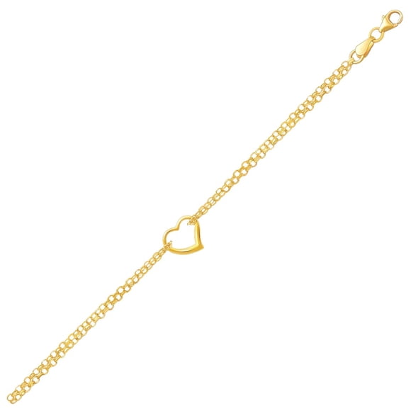 10k Yellow Gold Double Rolo Chain Anklet Open Heart Station 10 inches