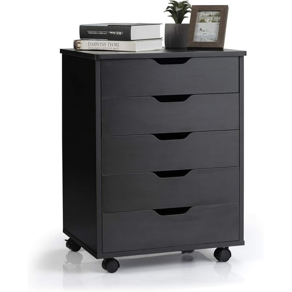 5 Drawers File Storage Cabinet, 26.5" Vertical Filling Cabinet for Home Office, Under Desk Office Drawer Organizer, Universal & Lockable Casters, Rolling Printer Storage Rack (Black)