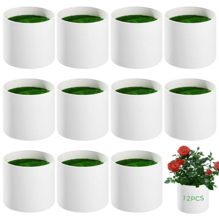 12 PCS Plastic Cylinder Planter Boxes, Plastic Flower Pots with Artificial Grass Turf, White Round Flower Planter with Green Lining for DIY Flower Arrangement, Home & Party Decor