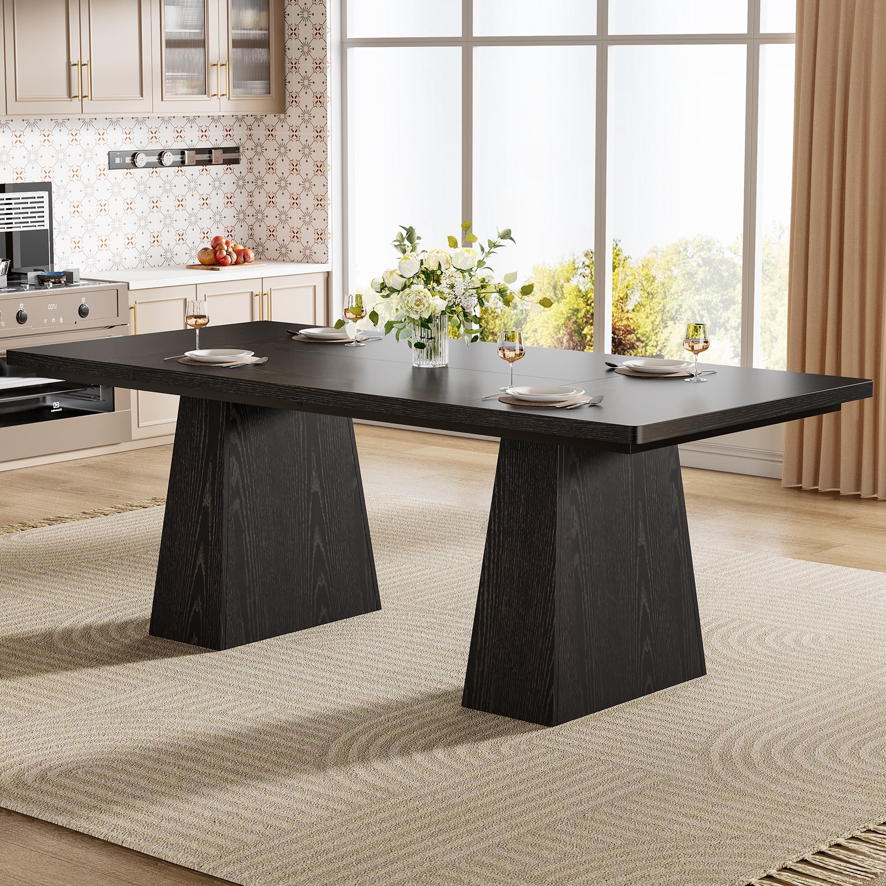 Finmind 63-inch Farmhouse Dining Table for 4-6 People, Modern Wooden Rectangular Kitchen Table for Dining Room, Black